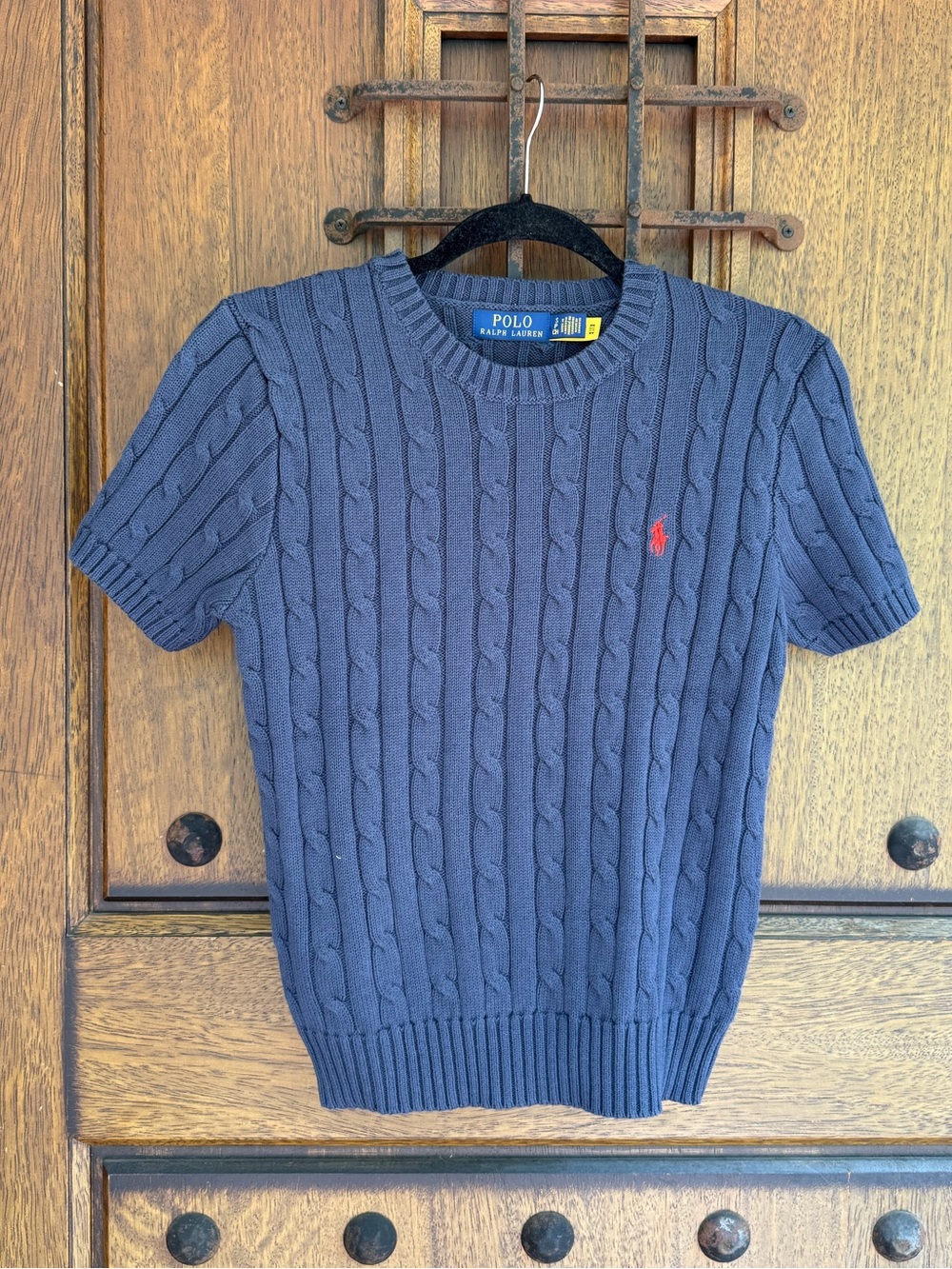 Ralph Laure Dark Blue Short-Sleeve Cable-Knit Crewneck Sweater Size S